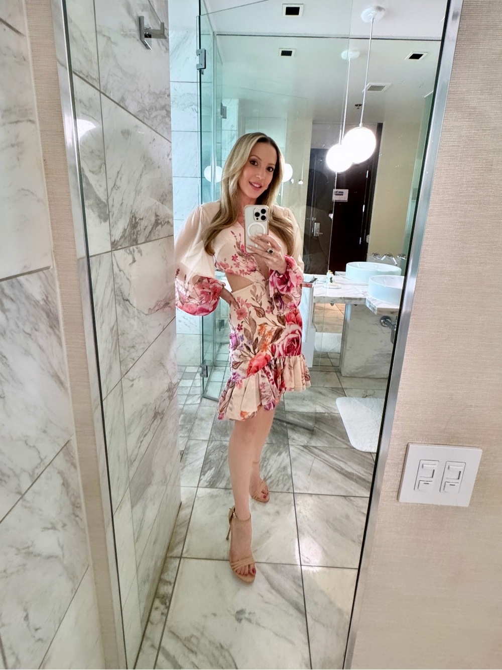 Michael Costello Pink Floral Cutout Ruffle Mini Dress